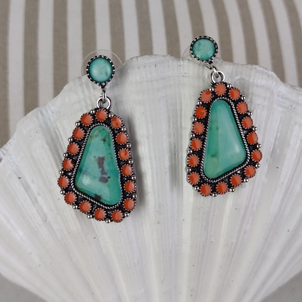 Turquoise and Coral Faux Stone Gorgeous Drop Earrings - Picture 2 of 8